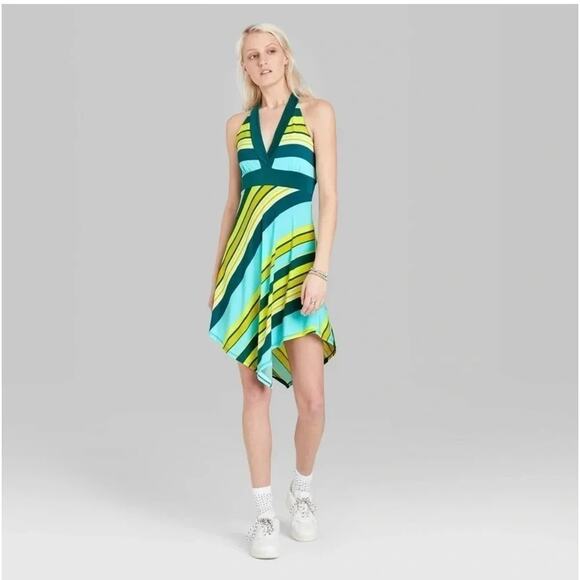 Wild Fable Y2K Green And Blue Striped Halter Sleeveless Summer Dress xs - Picture 1 of 5